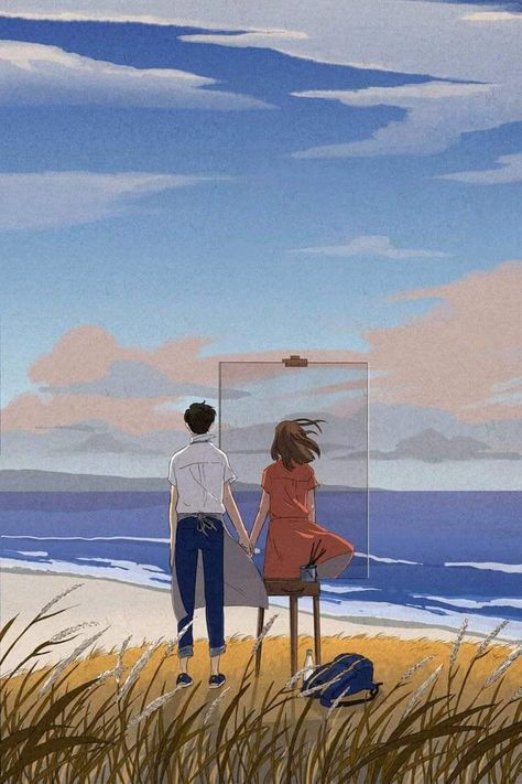 Together at тhe shore. Art Studio Ghibli, Art Mignon, Art Couple, Studio Ghibli Art, Ghibli Art, Art Et Illustration, Cute Couple Art, Arte Fantasy, 판타지 아트