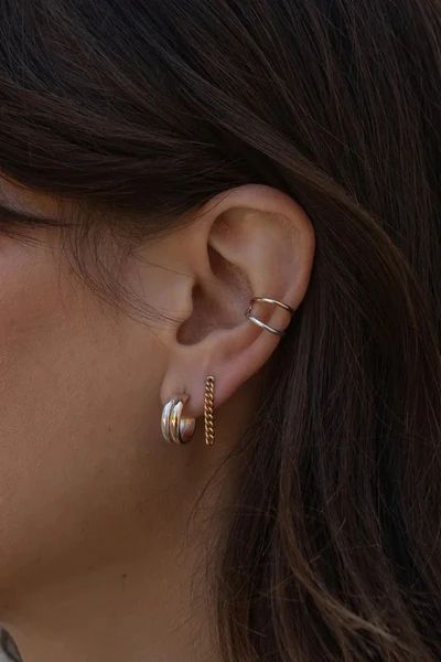 Mixed Metal Ear Curation, Eat Stack, Mixed Metal Earring Stack, Eat Cuffs, Layering Earrings, Ear Cuff Gold, 2024 Moodboard, Silver Gold Earrings, Earring Inspo