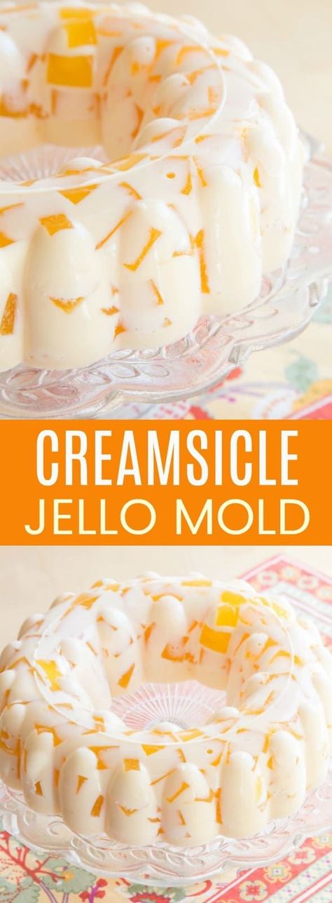 Creamsicle Jello Mold - cubes of fresh orange jello floating in vanilla ice cream gelatin is a creamy and fun retro dessert based on vintage recipes. This gluten-free no-bake dessert recipe is perfect for spring and summer. #cupcakesandkalechips #creamsicle #jello #jellomold #jellosalad #retrorecipe #glutenfree #nobakedessert via @cupcakekalechip Orange Creamsicle Jello, Creamsicle Jello, Jello Mold Recipes, Mold Recipes, Healthy Treats Recipes, Jello Dessert, Jello Dessert Recipes, Retro Desserts, Orange Jello