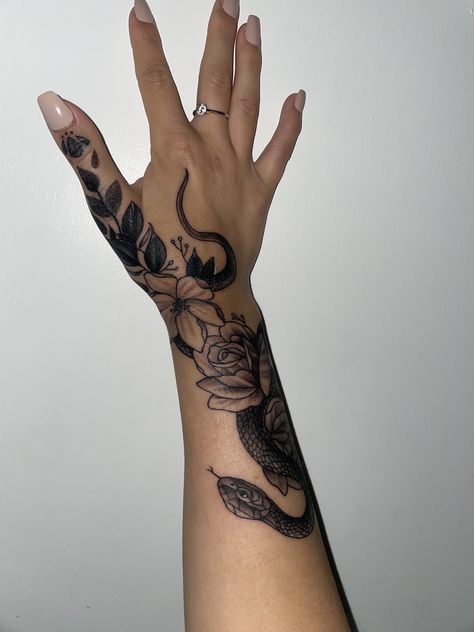 Side Of Hand Cover Up Tattoo, Hand Tattoos That Go Up Arm, Snake Tattoos For Women Hand, Edgy Hand Tattoos For Women, Tattoo Cover Up Ideas Hand, Cover Up Tattoos On Hand, Hand To Arm Tattoo Women, Arm Wrist Tattoos For Women, Cover Up Tattoos Hand