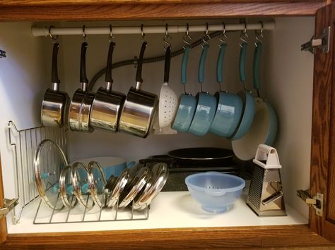 Diy Pot Organizer Organization Ideas, Cookware Storage Ideas Cabinets, Pot Rack Under Cabinet, Cake Pan Organization Storage Ideas, Under Cabinet Pan Storage, Small Space Pots And Pans Storage, Pan Rack Ideas, Rv Pots And Pans Storage, Cooking Pan Organization