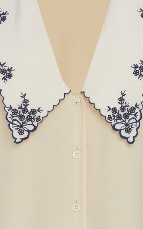 Miu Miu Collared V-Neck Button Down Top Top With Collar, Embroidery On Collar, Embroidered Collar Shirt, Chic Embroidered Collared Tops, Classic Embroidered Collared Tops, Collar Embroidery Design, Miu Miu Collared Tops For Work, Miu Miu Embroidery Details, Miu Miu Cotton Collared Tops