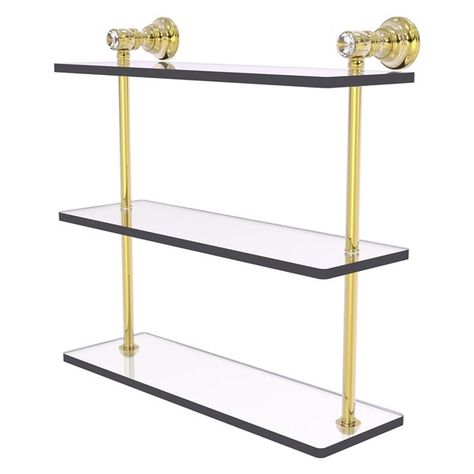 Reimagine your bathroom with this finely crafted triple glass shelf with crystal accents. This hand-crafted accessory offers a traditional style and superior quality. The 3 tiers of this shelf make great use of your wall space, while providing plenty of room for storage. Featuring thick, bevelled-edge glass and solid brass hardware, this shelf is crafted for durability, strength, and style.Crafted from the finest solid brass materialsConcealed screw mounting hardware makes installation easyCryst Glass Wall Shelves, Brass Bathroom, Double Glass, Glass Shelf, Bathroom Shelf, Unlacquered Brass, Antique Pewter, Wall Mounted Shelves, Bathroom Shelves