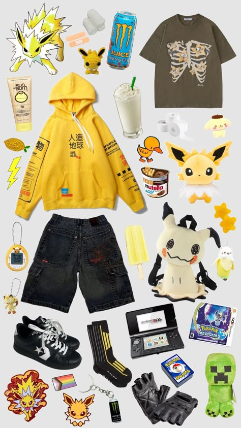 #yellow #outfit #pokemon_outfit #minecraft #creeper #jolteon #idea #outfit_idea #oc #oc_idea #drawing_inspiration #inspiration #mimikyu #cute Minecraft Clothes Ideas, Pokemon Outfits Ideas, Pokemon Inspired Outfits, Mimikyu Cute, Trainer Outfits, Pokemon Outfits, Pokemon Trainer Outfits, Minecraft Outfits, Idea Drawing