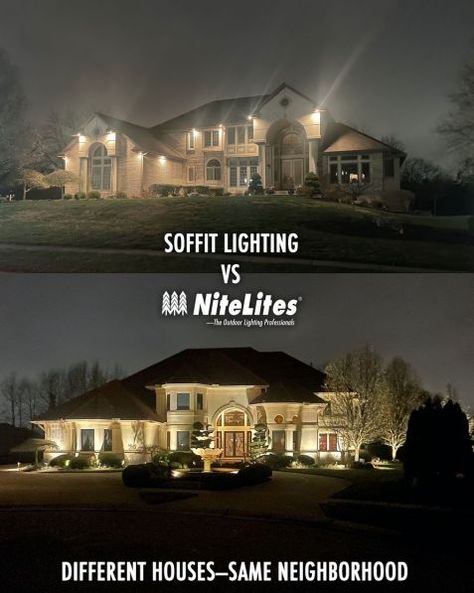 Image of Soffit versus NiteLites outdoor lighting. Outside Soffit Lighting, Front Porch Recessed Lighting, Recessed Porch Lighting, Side Of House Lighting Ideas, Front Of House Lights, Exterior Recessed Lighting, Up Lighting House Exterior, Eaves Lighting Outdoor, Exterior Home Lighting Night