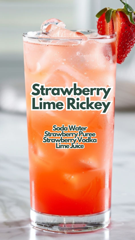 Strawberry Lime Rickey Strawberry Cocktail Recipe, Lime Cocktails, Cocktail Cards, Vodka Cocktails Easy, Lime Rickey, Strawberry Cocktails, Vodka Lime, Strawberry Vodka, Vodka Lemonade