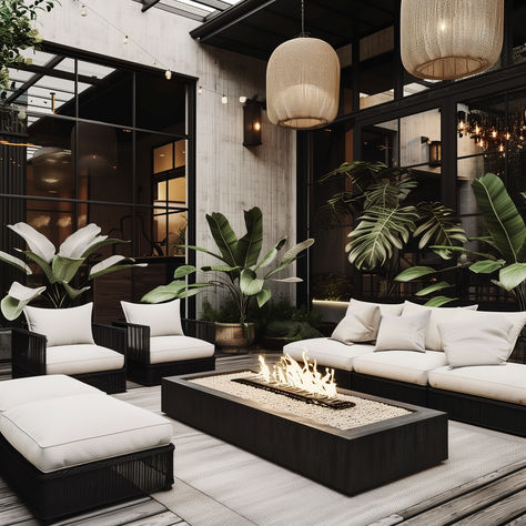 Recreate this amazing outdoor patio with finds from Amazon!  Click on the link to find affordable pieces to make your outdoor patio space your sanctuary.  Black wicker furniture, a cozy firepit, and rattan chandeliers create an effortless look.  #RHdupes #outdoorpatiofurniture #patiofurniture #outdoorspaces #blackpatio #amazoninfluener #amazonhomefinds Backyard Patio Seating Ideas, Outdoor Patio Lounge Ideas, Moody Outdoor Patio, Modern Deck Decor, Black Patio Ideas, Outdoor Patio Ideas Modern, Patio Lounge Ideas, Black Patio Furniture Ideas, Tulum Patio