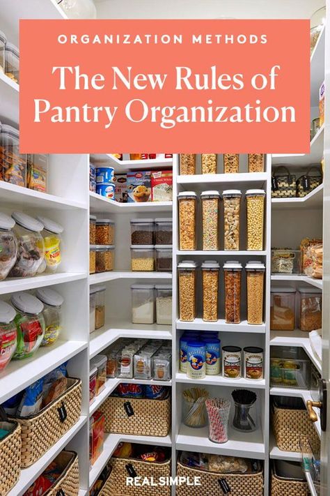 The New Rules of Pantry Organization | We asked the experts how to organize a pantry for everyday cooking and extended use. They shared their pantry organization process step-by-step. Start by taking stock of what you have stashed, then follow these pantry organization tips to sort, decant, and stack your way to a tidier pantry. #pantryorganization #realsimple #organizingtips #organization #kitchenorganization Pantry Design Diy, Pantry Makeover Ideas, Pantry Shelf Organizer, Organize A Pantry, Deep Pantry Organization, Pantry Closet Organization, Pantry Renovation, Pantry Closet Design, Vintage Pantry