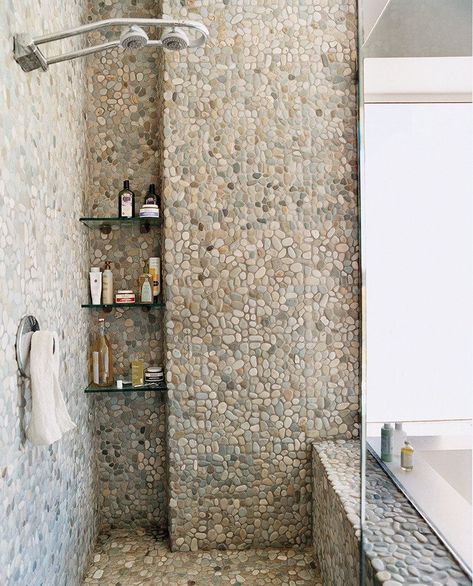 Pebble Tile Shower Floor, Modern Shower Tile, Stone Shower Floor, Stone Floor Bathroom, Pebble Tile Shower, Stone Tile Bathroom, Stone Tub, Pebble Floor, Stone Shower