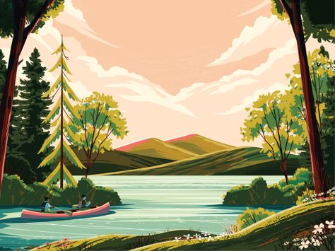 Boston Globe Magazine - New England Lakes by Matt Carlson on Dribbble Digital Illustration, Nature Illustrations, Seni Cat Air, Landscape Illustration, Nature Illustration, Mountain Landscape, Landscape Art, Art Direction, New England