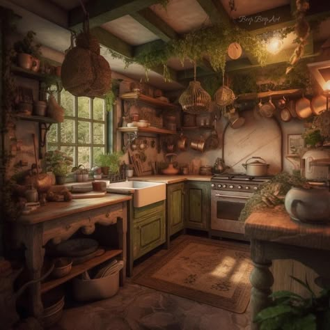 Cottagecore Fantasy House, Forest Cottage Interior Kitchen, Fantasy Cottagecore House, Fantasy Cottage Kitchen, Cottage Inside Interiors, Hobbit House Aesthetic Interior, Hobbit House Kitchen, Forest Cottage Kitchen, Hobbit Inspired Kitchen