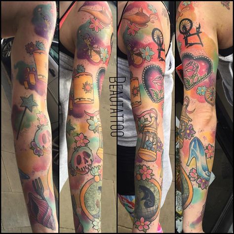 Pixar Tattoo, All The Disney Princesses, Colorful Sleeve Tattoos, Disney Sleeve Tattoos, Tattoo Disney, Fire Fly, Disney Sleeve, The Disney Princesses, Bright Tattoos