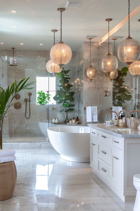 Transform Your Home with This Luxurious Bathroom Oasis Design! Gold White Bathroom Ideas, Modern Guest Bathroom Ideas Interior Design Powder Rooms, Bathrooms Luxury Modern, Bathtub Marble, Glossy Floor, Oasis Design, Dual Vanity, Oval Bathtub, Luxury Spa Bathroom