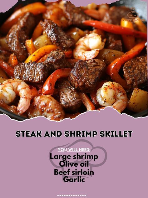 🥩🍤 Enjoy the ultimate Steak and Shrimp Skillet—a savory and satisfying combo of juicy steak and tender shrimp, all in one pan! 🍤🥩 #SteakAndShrimp #DinnerDelight Steak and Shrimp Skillet Ingredients: Beef sirloin (1 lb, cut into strips) Large shrimp (1 lb, peeled and deveined) Olive oil (2 tbsp) Garlic, minced (3 cloves) Bell peppers (2, sliced) Onion (1, sliced) Soy sauce (2 tbsp) Worcestershire sauce (1 tbsp) Salt and pepper (to taste) Instructions: Heat olive oil in a skillet over mediu... Steak And Shrimp Skillet, Skillet Shrimp, Veggie Skillet, Sliced Onion, Steak And Shrimp, Beef Sirloin, One Pot Dinner, Large Shrimp, Steak Bites