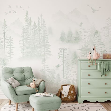 Soft Watercolor Woodland Peel and Stick Wall Mural Fairy - Etsy Woodland Wall Mural, Forest Decal, Trees Wall Mural, Woodland Wall Decals, Watercolor Pine Trees, Baby Hunter, Mural Inspiration, Watercolor Woodland, Woodland Wallpaper