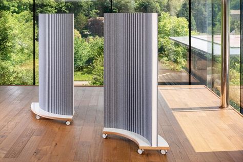 Curved acoustics screens on wheels are easy to move around Acoustic Partition, Moving Walls, Movable Walls, Partition Screen, Folding Walls, Free Standing Wall, Curved Walls, Fall 24, Folding Screen