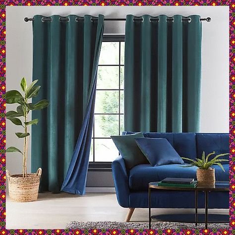 Blue Curtains Living Room, Blue And Gold Living Room, Blue And Green Living Room, Copper Living Room, Navy Living Rooms, Blue Couch, Gold Living Room, Eyelet Curtains, Curtain Pole