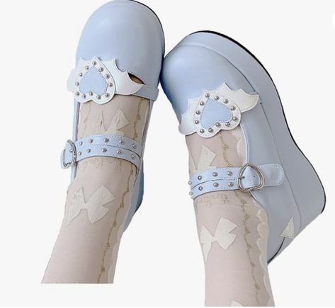 Light Blue Round Toe Block Heels Gothic Sweet Heart Buckles Ankle T-Strap Platform Dress Shoes Women's Mary Jane Shoes, White Mary Jane Shoes, Platform Dress Shoes, Alternative Shoes, Gothic Shoes, Shoes Classic, Mary Jane Shoes Womens, Wedge Pumps, Jane Shoes