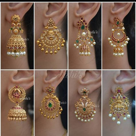 Jumkas Gold Indian Bridal, Jhumkas Gold Indian, Buti Design, Ruby Necklace Designs, Gold Earrings For Kids, Jhumka Designs, Gold Earrings Indian, Gold Jewels Design, Antique Gold Earrings