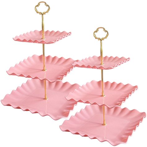 PRICES MAY VARY. The 3-tier cupcake stand set comes with three different sizes of square plates that are made of durable plastic, food grade safe and eco-enviromental. And the connecting rods are made of sturdy alloy in gold color, no rust and stable enough to hold the plates. 3 different sizes of the square plates: Top plate: 6.1 inch, middle plate: 8.1 inch, bottom plate: 10 inch. Each stand can put 17pcs standard size cupcakes. It creates a lovely and space-saving way to serve up cupcakes, co Champagne Pink Party Theme, Pink And White Brunch Decor, Halloween Pink Party, Preppy Party Decor, Pink Plates Table Setting, Pink Gold And White Party Decoration, Pink Grad Party Decorations, Pink And Gold Birthday Party Decorations, Sweet 16 Ideas Pink