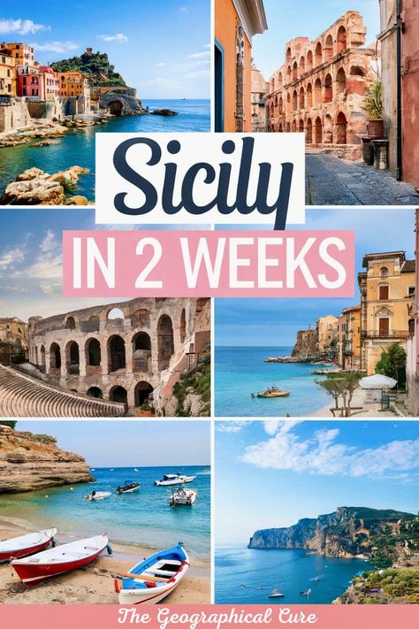 Pinterest pin graphic for 2 weeks in Sicily showing towns and landscapes of the country Sicily Road Trip, Sicily Itinerary, Greek Temples, Sicily Travel, Greek Temple, Exotic Places, Sicily Italy, Trip Itinerary, Italy Vacation