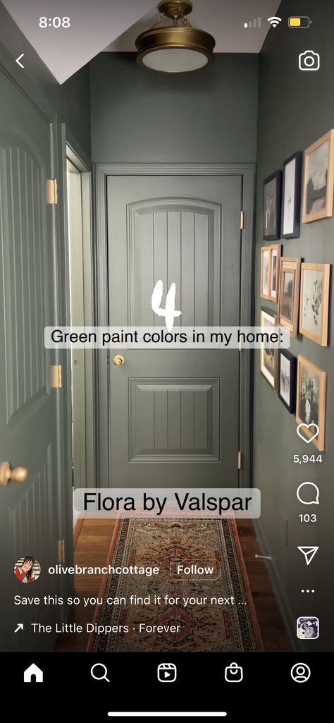 Valspar Olive Green Paint, Paint Color For Hallway, Valspar Paint Colors Green, Green Interior Paint, Hallway Remodel, Hallway Wall Colors, Green Bedroom Paint, Accent Wall Paint Colors, Hallway Paint Colors