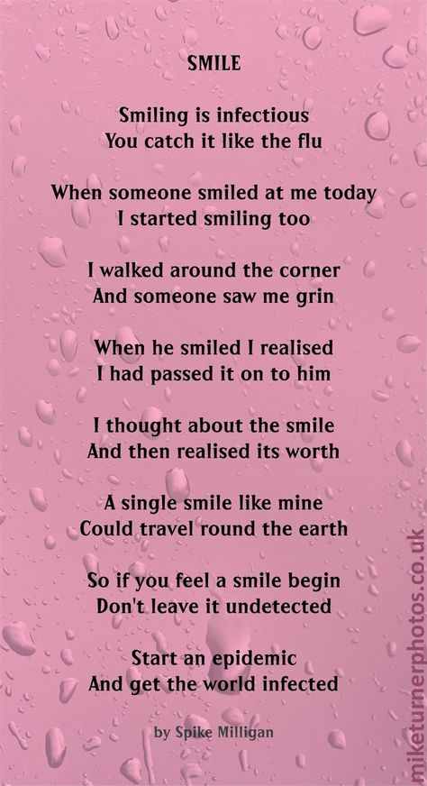 smile poem by spike milligan Inspirational Poems For Kids, English Poems For Kids, Spike Milligan, Poems In English, Small Poems, Rhyming Poems, Meaningful Poems, Happy Poems, Childrens Poems