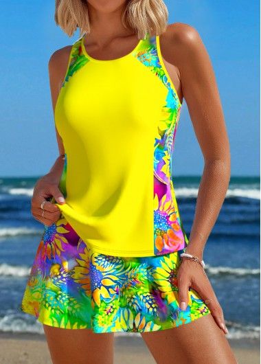 Patchwork Sunflower Print Yellow Tankini Set | modlily.com - USD 33.98 Yellow Tankini, Beach Bridesmaid Dresses, Trendy Swimsuits, Plaid Outfits, Printed Tankini, Swimwear Dress, Black Swimwear, Yellow Sunflower, Tankini Set