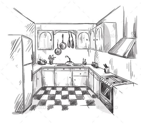 Kitchen Interior Drawing Kitchen Interior Drawing, Interior Drawing, Kitchen Drawing, Architecture Drawing Plan, Drawing Interior, Interior Design Drawings, Interior Design Sketches, Background Drawing, Perspective Art