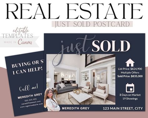 Just Sold Real Estate, Sold Real Estate, Marketing Postcard, Transaction Coordinator, Real Estate Postcards, Getting Into Real Estate, Real Estate Agent Marketing, Real Estate Templates, Realtor Marketing