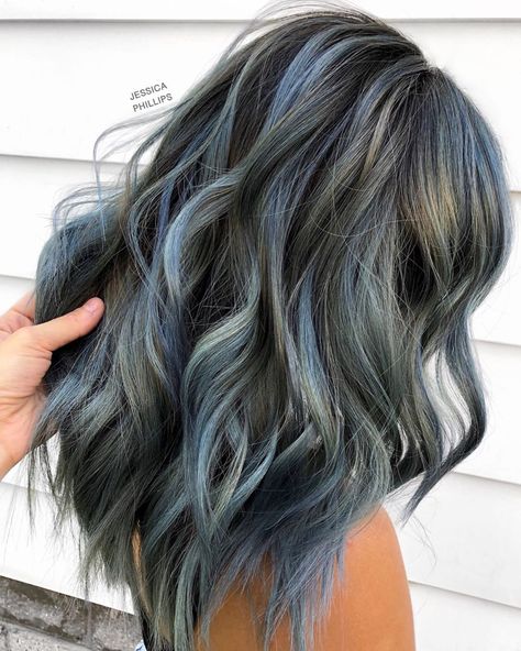 Denim Blue Highlights In Brown Hair, Navy Blue Hair On Brown Hair, Blue Denim Hair Color, Icy Blue Highlights Brown Hair, Blue Gray Highlights On Dark Hair, Brown Hair With Light Blue Highlights, Denim Blue Hair Color, Ash Blue Hair Color Highlights, Light Blue Balayage