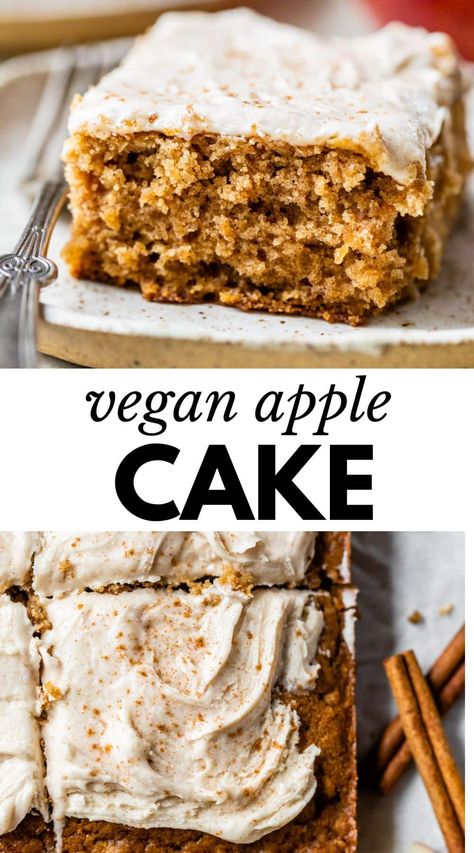 Fresh apples and the warm flavors of fall are baked right into this Vegan Apple Cake. It’s deliciously comforting, ultra moist, and, best of all, easy to make! Vegan Fall Dessert, Vegan Apple Cake, Fall Vegan Recipes, Vegan Baking Recipes, Vegan Apple, Vegan Cake Recipes, Vegan Bakery, Cookie Cake Recipe, Apple Cake Recipes