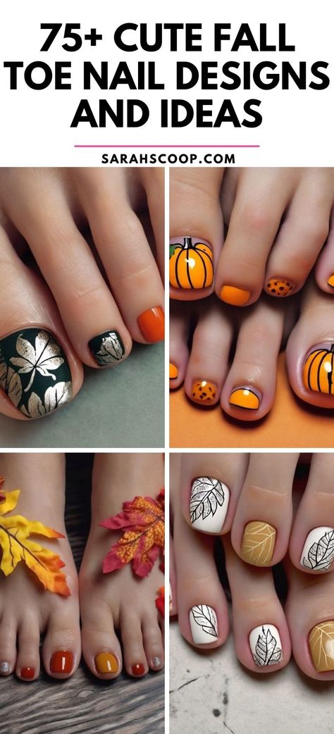 Autumn Toenail Art to Fall in Love With! 🍂 #nailinspo #naildesigns #autumn Toenail Fall Designs, Leaf Pedicure Design, Thanksgiving Toe Nail Designs, October Toenails, Toenail Nail Art, Pumpkin Pedicure Design, Fall Inspired Toenails, Halloween Nails Pedicure, Candy Corn Toenails