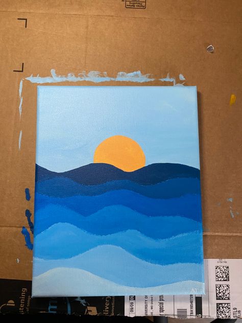 Cute Mini Canvas Paintings Easy Sunset, Siloette Ideas Painting Easy, Ocean Wave Acrylic Painting, Ocean Simple Painting, 5 Minute Painting Ideas, Summer Paintings Simple, Mini Canvas Art Beach Easy, Easy Blue Paintings Simple, Horizon Painting Easy