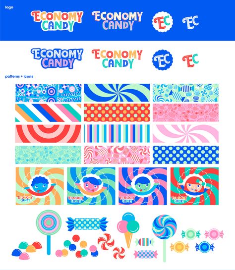 Economy Candy - Branding on Behance Olipop Branding, Candy Shop Branding, Swedish Candy Aesthetic, Candy Graphic Design, Candy Packaging Design, Candy Branding, Candy Illustration, Juice Shop, Brand Guidelines Design