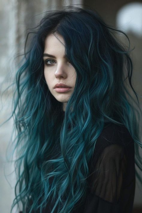 Imgur: The magic of the Internet Black Turquoise Hair, Dark Teal Green Hair, Brown To Teal Ombre Hair, Dark To Light Blue Hair, Warm Blue Hair, Green Hair Bangs, Dark Purple Hair Aesthetic, Greenish Blue Hair, Witch Hair Color