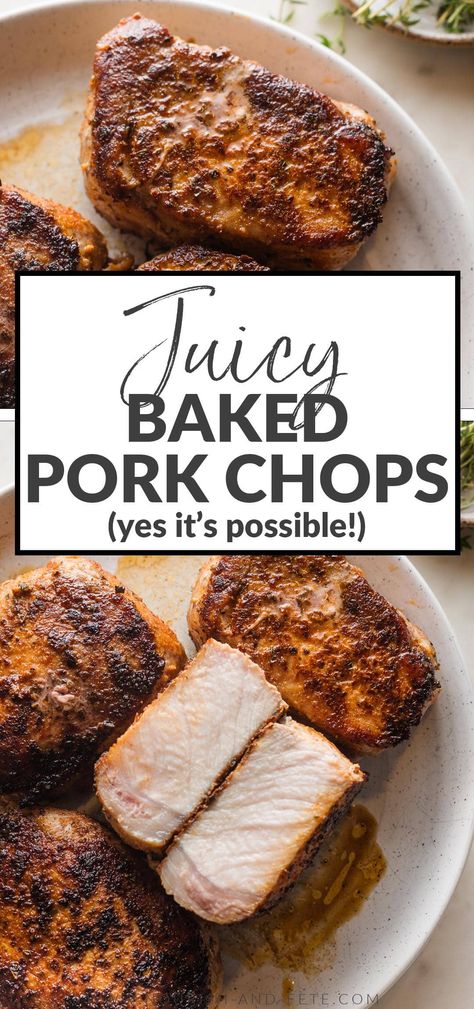 Easy to make and flavorful, with a beautiful golden crust and tender, juicy interior, these Baked Boneless Pork Chops are simply the best oven-baked pork chops you’ll ever have. Best of all, you just need pantry staples and about 5 minutes of prep work! Bbq Pork Chops Boneless, Baked Thick Pork Chops, Thick Pork Chop Recipe, Tender Baked Pork Chops, Pork Loin Chops Recipes, Baked Boneless Pork Chops, Oven Pork Chops, Thick Cut Pork Chops, Boneless Pork Chop Recipes