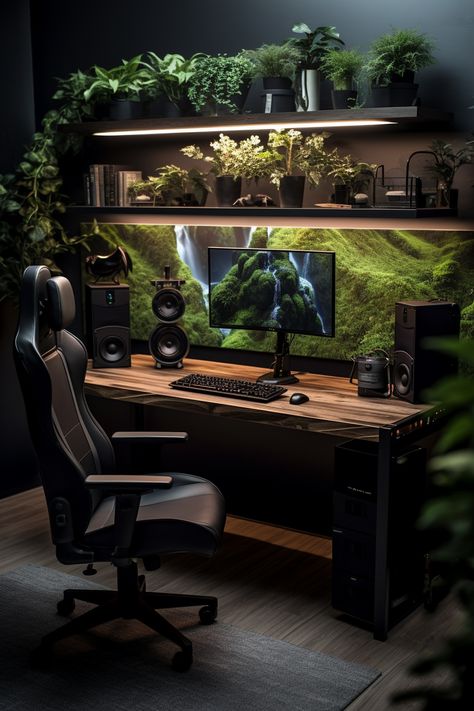 Plants For Office Desk, Plants For Office, Office Desk Bedroom, Modern Home Offices, Desk Bedroom, Computer Desk Setup, Home Studio Setup, Fake Succulents, Gaming Room Setup