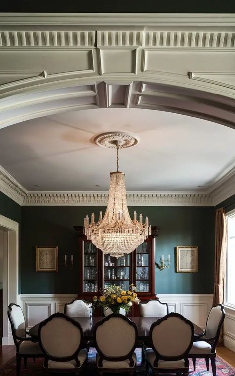 23 Traditional Dining Room Ideas to Elevate Your Home's Style Blue Victorian Dining Room, Green Formal Dining Room, Old English Dining Room, British Dining Room, Traditional Modern Dining Room, Dining Room With Chair Rail, Modern Victorian Dining Room, Coffered Ceiling Dining Room, Modern Classic Dining Room