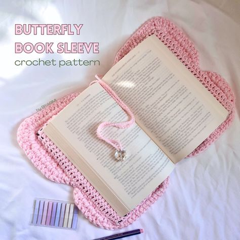 The crochet butterfly book sleeve is now available on my website (biyabimi.com) link in bio 🥰 Crochet Book Case Free Pattern, Kindle Sleeve Crochet Pattern Free, Crochet Book Covers Free Patterns, Crochet Book Pattern, Book Sleeves Crochet, Book Covers Crochet, Crochet Book Accessories, Crochet Quran Cover, Reader Essentials