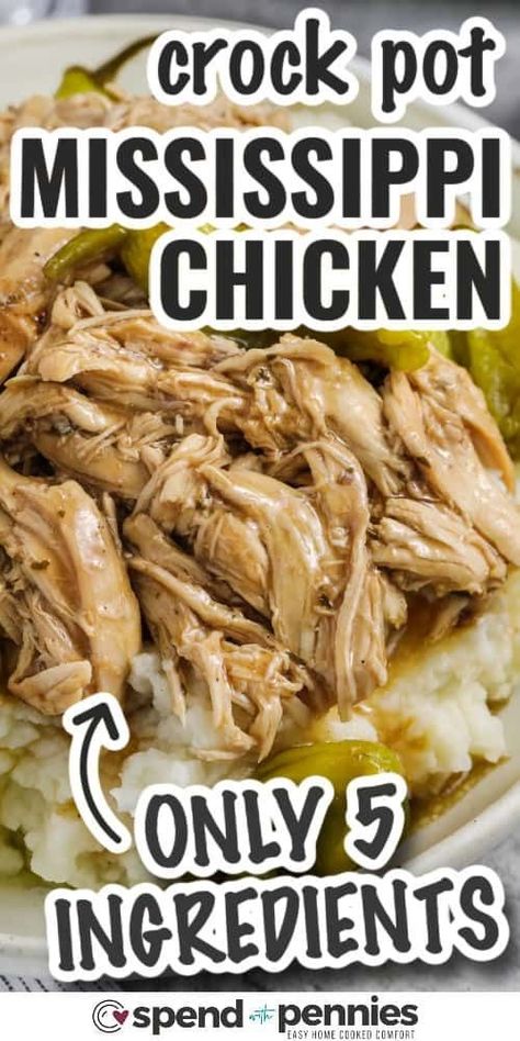 Crock pot Mississippi chicken is loaded with slow cooked savory flavor, just like the Southern classic pot roast that inspires it. In this easy recipe, chicken breasts or thighs gets robust flavor from pre-made packets of ranch and au jus gravy mix, along with pepperoncini peppers and juice. Cook it low and slow in the crock pot and it will be ready when you are! #mississippichicken #spendwithpennies #mississippichickenrecipe #crockpotmississippichicken Ms Chicken Crockpot, Mississpiip Chicken, Leftover Au Jus What To Do With, Mississippi Crockpot Chicken, Mississippi Mud Chicken, Chicken Mississippi Crock Pot, Mississippi Chicken Crockpot, Chicken Pepperoncini, Chicken Breast In Crock Pot