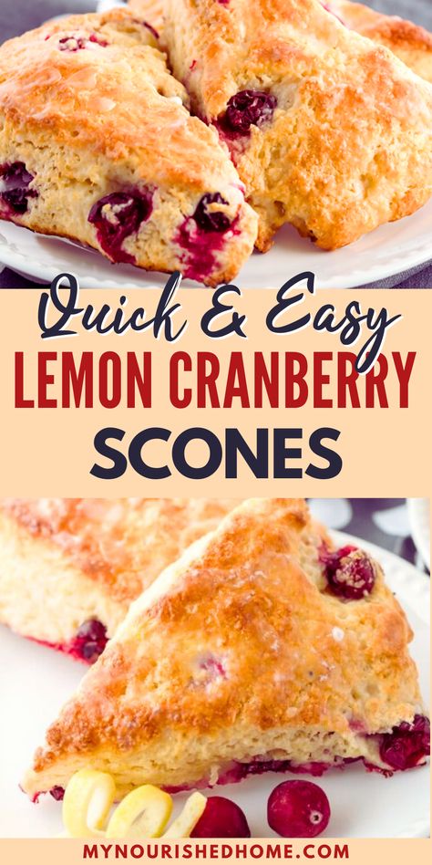 These quick and easy lemon cranberry scones are baked with fresh cranberries and only need 20 minutes in the oven. They are sweet with a little tart kick from the fresh berries and lemon. These scones are fantastic with a cup of coffee or tea for a light breakfast on a fall or winter morning. Cranberry Oatmeal Scones, Lemon Cranberry Scones Recipe, Lemon Berry Scones, Rosemary Scones Recipe, Best Scones Recipe Easy, Lemon Cranberry Scones, Cranberry Orange Sour Cream Scones, Gingerbread Scones Recipe, Cranberry Scones Recipe Easy