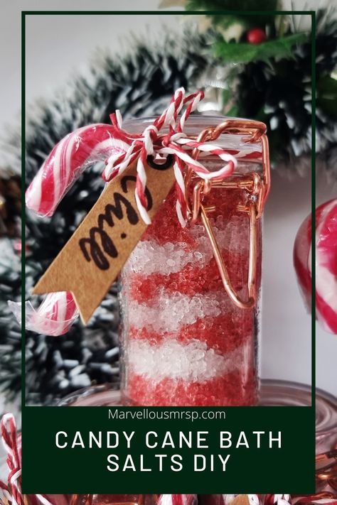 A beautiful homemade gift. Perfect for teacher, stocking fillers or handy little gifts to keep on hand in case you forget someone! Make Bath Salts, Diy Bath Salt, Homemade Teacher Gifts, Body Care Recipes, Bath Salts Recipe, Bath Salts Diy, Mini Candy Canes, Bath Melts, Vintage Family