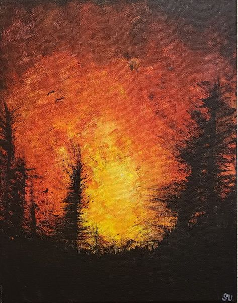 Acrylic canvas painting of the recent 2018 California forest fires by Samantha Unden. Instagram @artbysamanthaunden Forest On Fire Painting, Fire Painting Aesthetic, Forest Burning Drawing, I Am A Forest Fire Mitski, Forest On Fire Drawing, Acrylic Fire Painting, Easy Fire Painting, How To Paint Fire Acrylic, Flame Painting Canvas