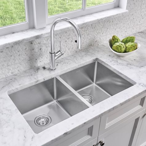 BLANCO Quatrus Undermount 32-in x 18-in Satin Double Equal Bowl Kitchen Sink in the Kitchen Sinks department at Lowes.com Stainless Steel Double Bowl Kitchen Sink, Double Bowl Undermount Kitchen Sink, Kitchen Chores, Double Bowl Kitchen Sink, Kitchen Solutions, Bowl Kitchen Sink, Steel Kitchen Sink, Double Basin, Bar Sink