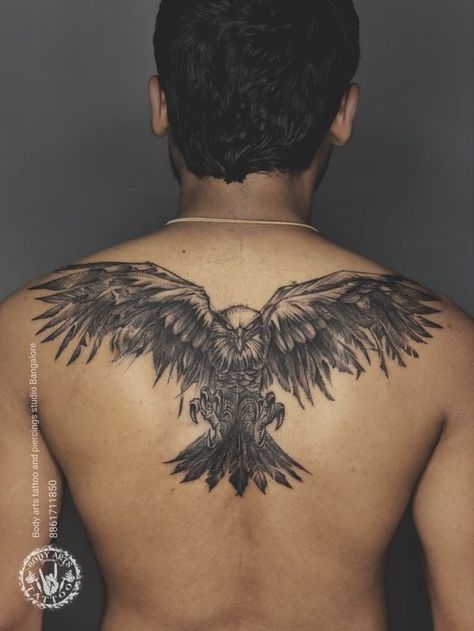 Eagle Back Tattoo. Body Tattoo Designs Men, Eagle With Wings Tattoo, Eagle On Back Tattoo, Eagle Tattoo For Women On Back, Bird On Back Tattoo, Falcon Back Tattoo, Eagle Back Tattoos For Guys Upper, Back Eagle Tattoo Men, Bird Back Tattoo Men