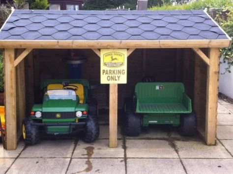 Kids Outdoor Car Storage, Diy Parking Garage For Kids, Power Wheels Storage, Toy Shed, Play Garage, Kids Car Garage, Kids Bike Storage, Kids Garage, Outdoor Toy Storage