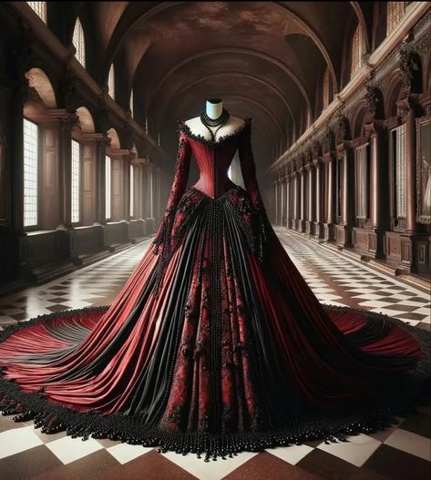 Red Ballgown Aesthetic, Black Dress Ballgown, Queen Dress Royal Fantasy, Ballgown Aesthetic, Vampire Ball Gown, Goth Weddings, Red Prom Dress Elegant, Red Ballgown, Velvet Ball Gown