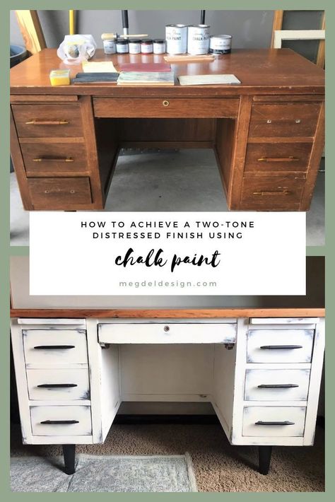 Chalk Painting Furniture, Chalk Paint Desk, White Chalk Paint Furniture, Cheap Furniture Makeover, Easy Furniture Makeover, Desk Makeover Diy, Diy Furniture Makeover Ideas, Distressed Furniture Painting, Oil Rubbed Bronze Hardware