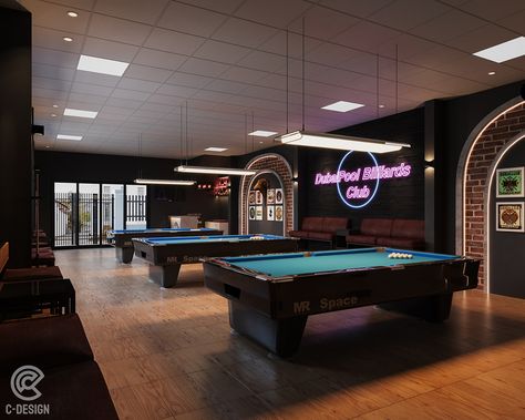 Billiard Club on Behance Billiards Interior Design, Billiard Bar Design, Snooker Bar Design, Billiard Club Interior Design, Billiards Bar Interior, Neon Billiards, Bars Design, Billiards Bar, Bar Lounge Design